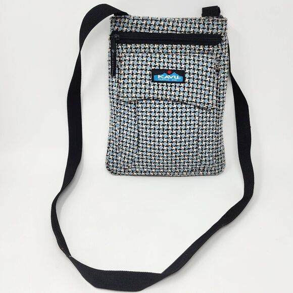 KAVU Keeper Crossbody Messenger Shoulder Bag Tweed Multi Pocket Blue White Black - Picture 2 of 15